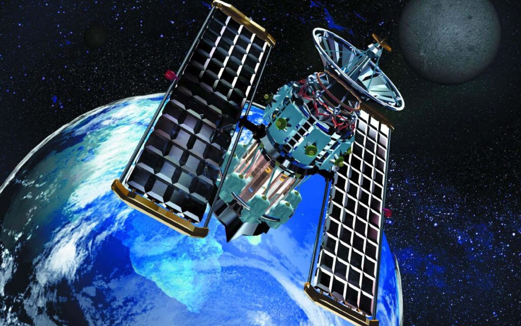 Stunning Satellite Orbiting Earth: Vibrant Space Wallpaper Background