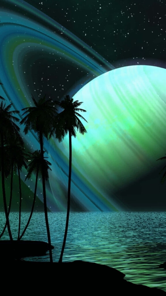 Majestic Saturn Wallpaper: Cosmic Sky, Palm Trees & Ocean Reflections