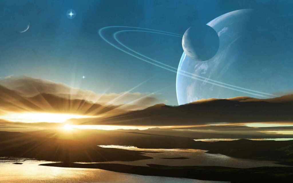 Majestic Saturn Wallpaper: Serene Alien Landscape at Sunrise