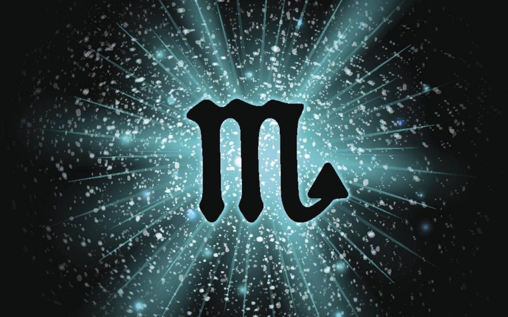 Scorpio zodiac symbol with blue cosmic rays on dark mystical background astrology wallpaper