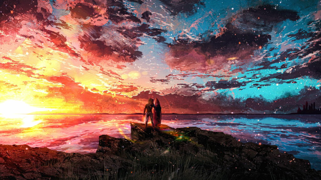 Scenic Skies: Captivating Artistic Sunset Over a Picturesque Seascape Wallpaper