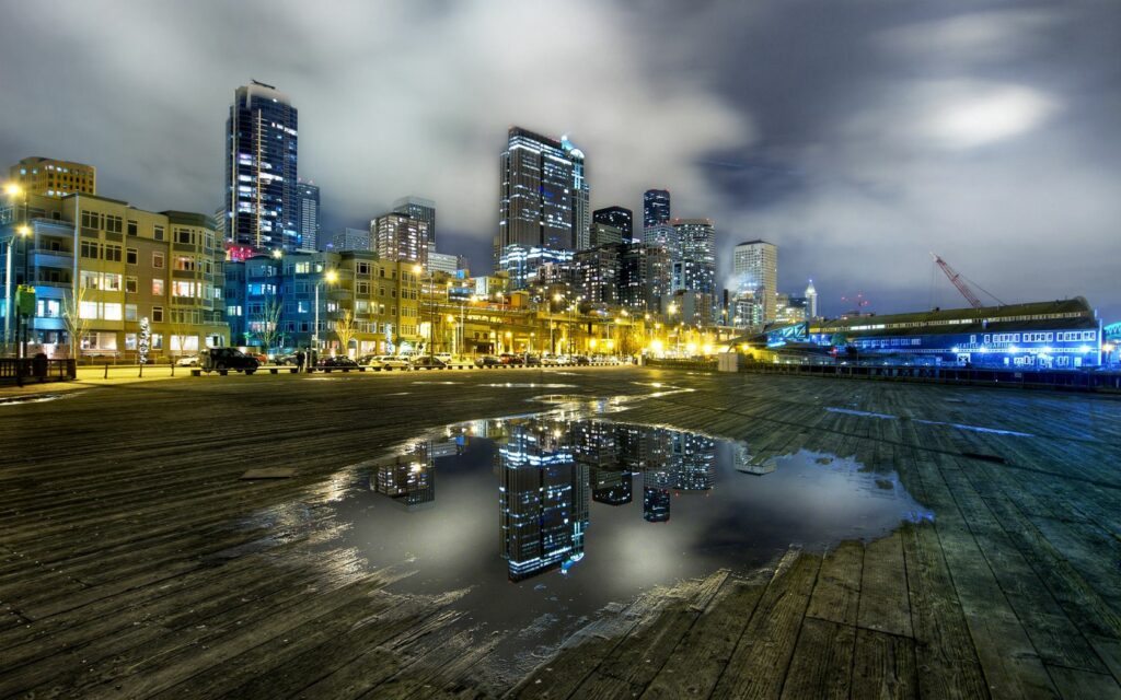 Seattle HDR Wallpaper: Cityscape Reflection on a Calm Gray Morning