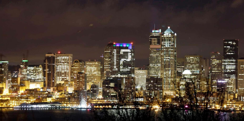 Seattle Skyline at Night: 12th Man Lights Wallpaper Background