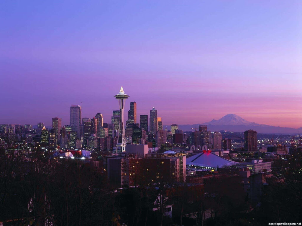 Stunning Seattle Skyline Night Wallpaper: Space Needle & Mount Rainier