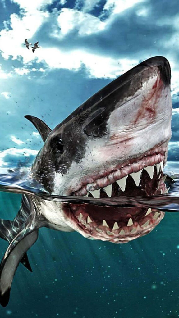Dramatic Shark Wallpaper: Fierce Teeth & Vibrant Blue Sky Background