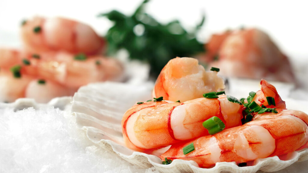 Fresh Shrimp Wallpaper: Seafood Delight with Herbs on Ice