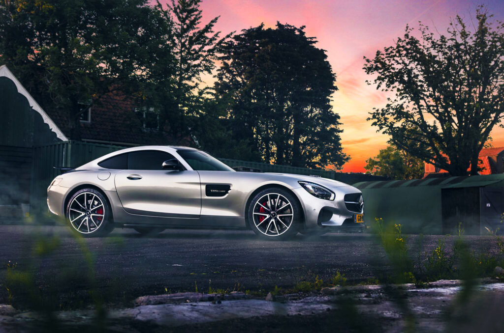 Sleek Silver Mercedes-Benz AMG at Sunset: Luxury Wallpaper