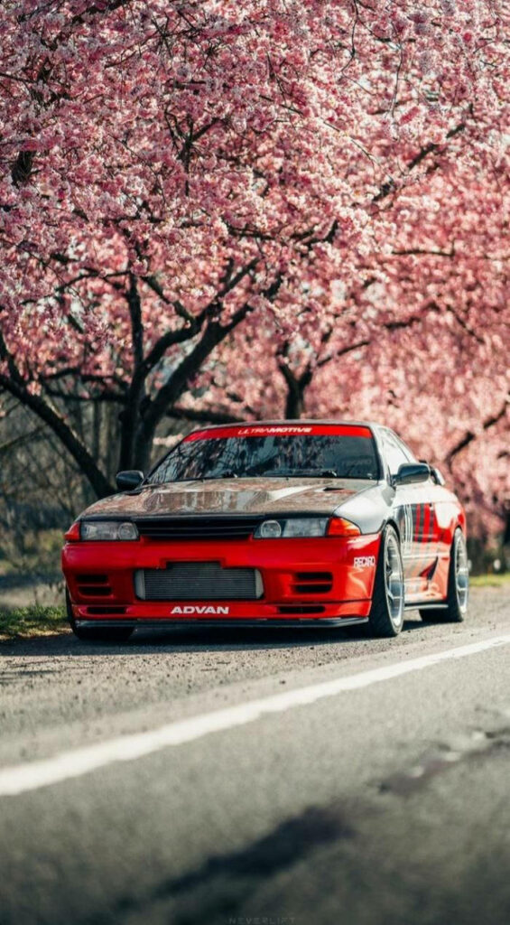 Stunning Skyline R32 Wallpaper Under Cherry Blossoms