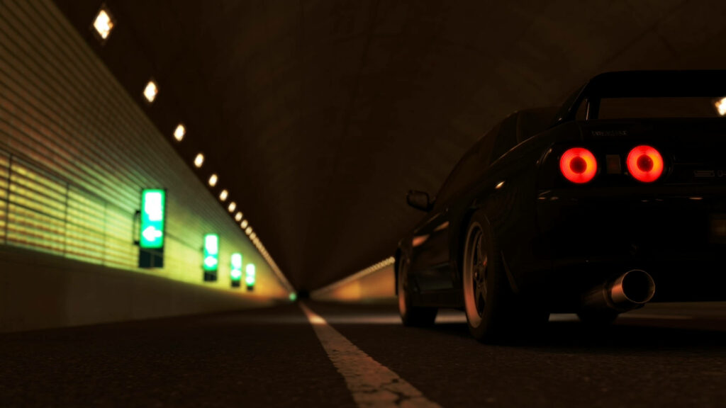 Stunning Skyline R32 Wallpaper: Elegance in a Dimly Lit Tunnel