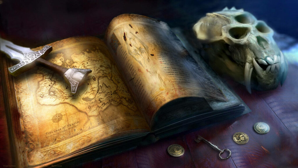 Skyrim Adventure Wallpaper: Map, Book, Sword & Mystical Elements