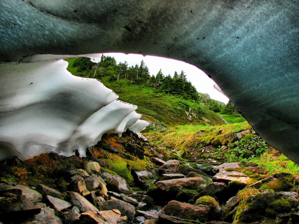 Vibrant wallpaper of rocky stream beneath snowpack winding through green hills and forest