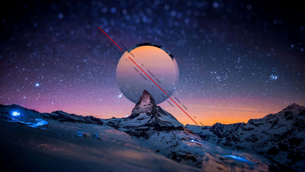 Stunning Snowy Mountain Wallpaper with Saturn & Cosmic Stars