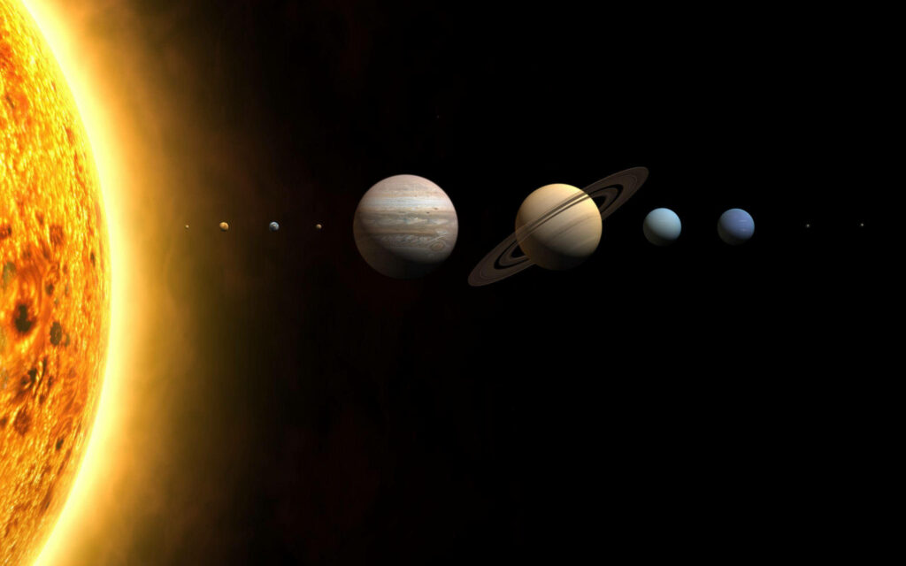 Stunning Planetary Wallpaper: Fiery Sun & Orbiting Planets in Space