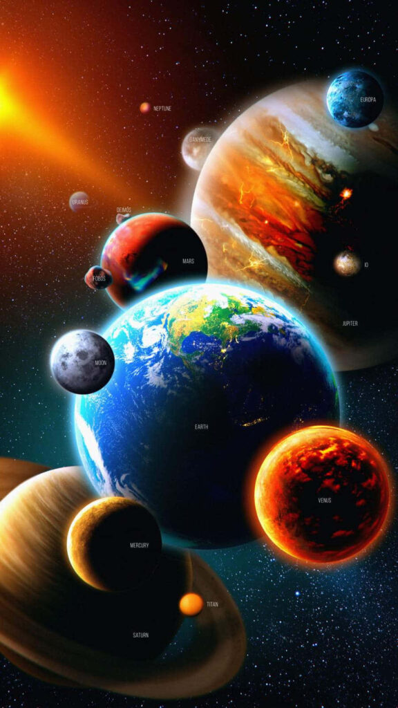 Vibrant Solar System Wallpaper: Planets & Moons Against Cosmic Background