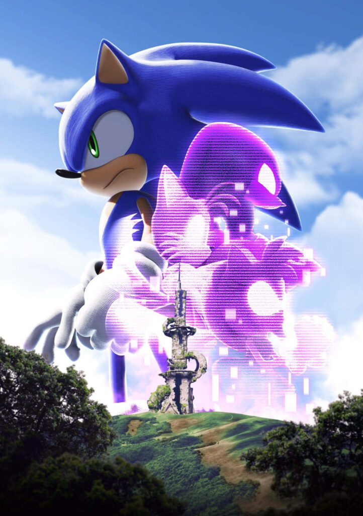 Vibrant Sonic Frontiers Wallpaper: Determined Expression & Holographic Elements