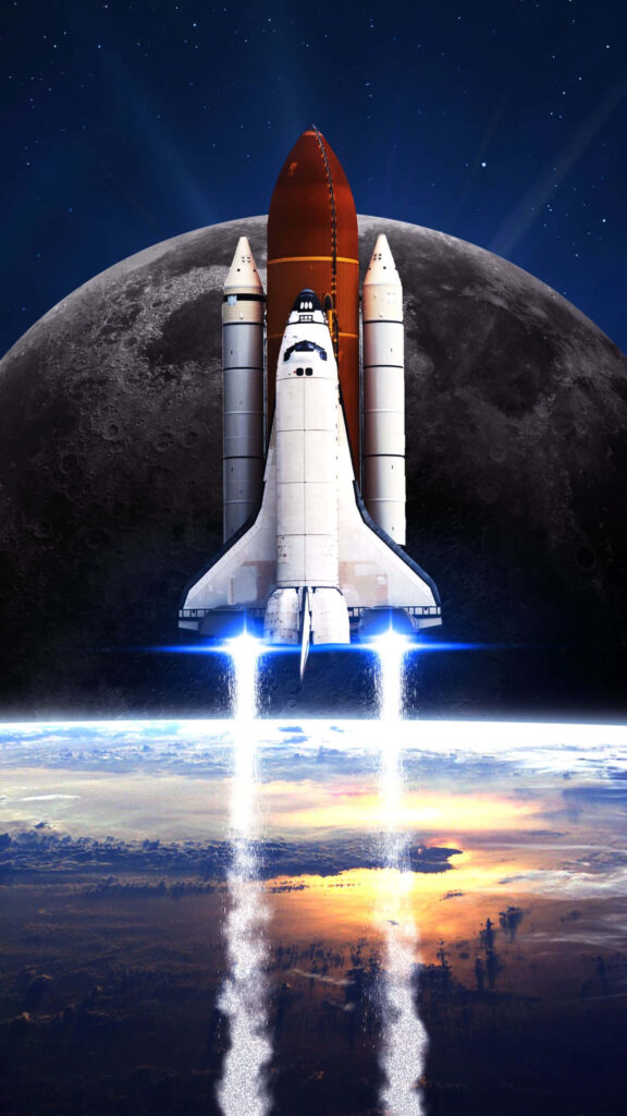 Vibrant Space Shuttle Launch Wallpaper with Earth & Moon Background