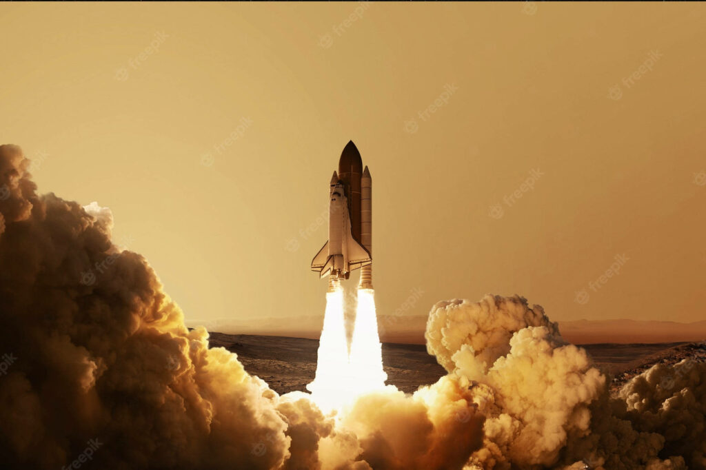 Stunning Space Shuttle Prototype Launch Wallpaper – Golden Sky Scene