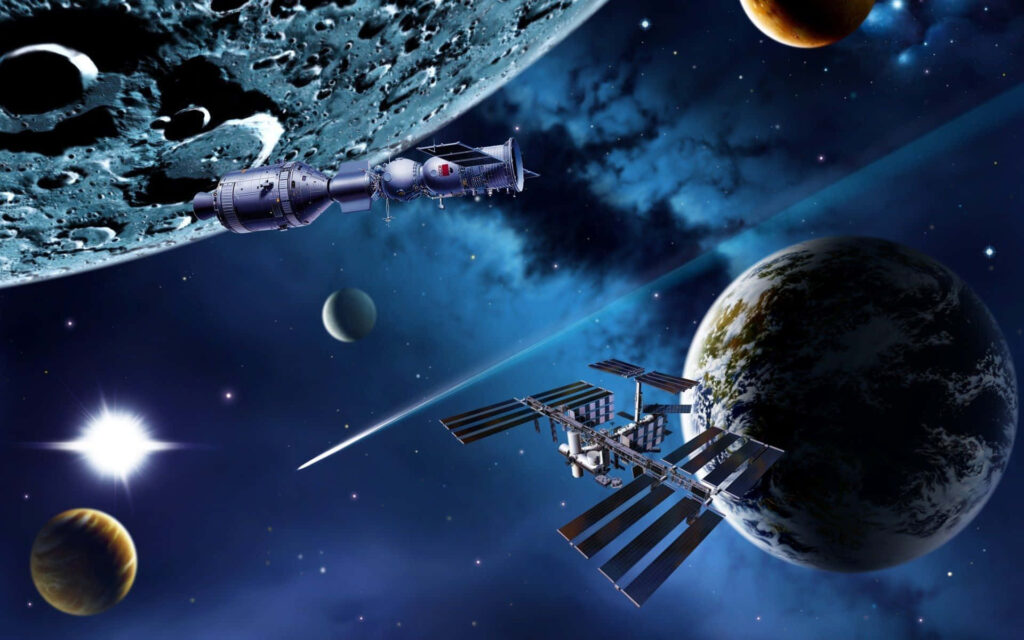 Stunning Space Station Wallpaper: Cosmic Scene with Planets & Stars