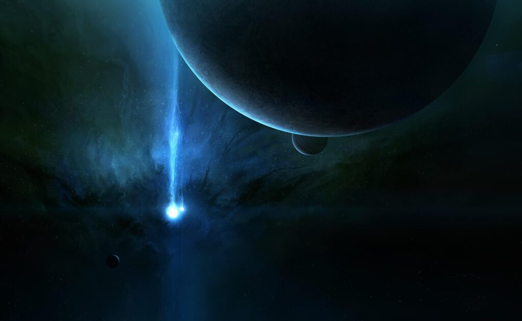 Cosmic Wallpaper: Dark Universe with Radiant Light and Massive Planet