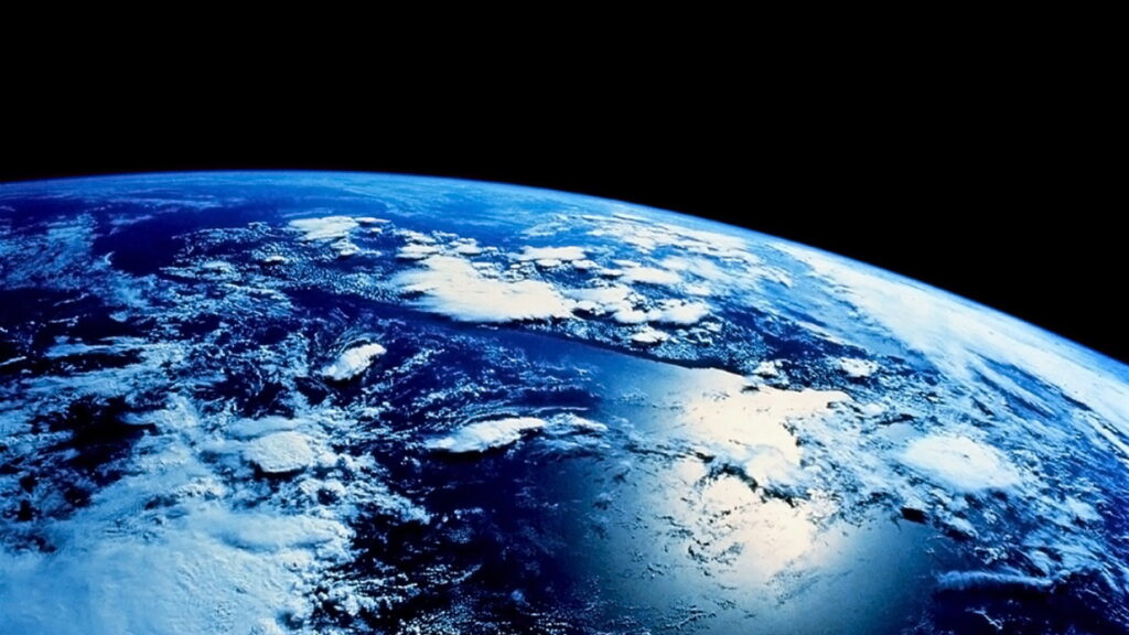 High-resolution Earth view from space showing blue curvature clouds and ocean reflections background Wallpaper