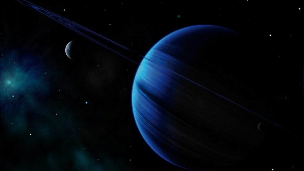 Stunning Space Wallpaper: Blue Planet with Glowing Rings and Stars