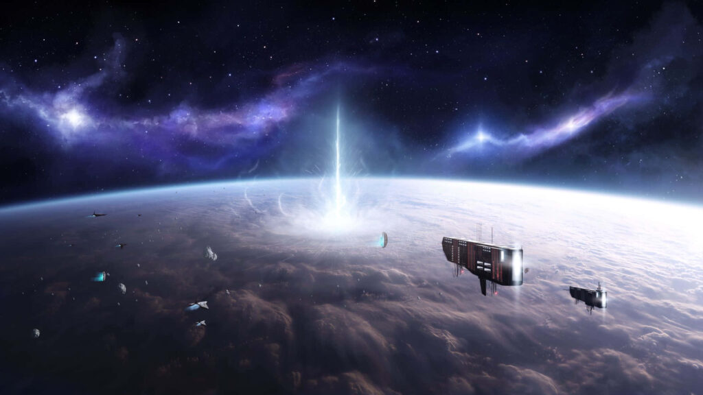 Stunning Space Wallpaper: Spaceships Over Cloud-Covered Planet