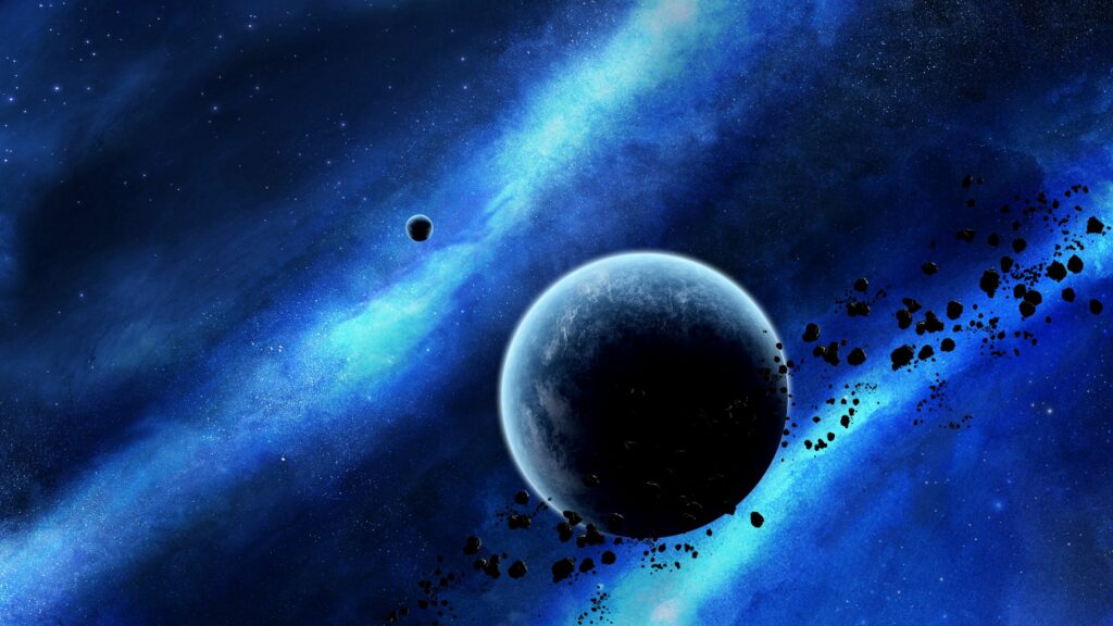 Stunning Space Wallpaper: Glowing Planet & Swirling Asteroids