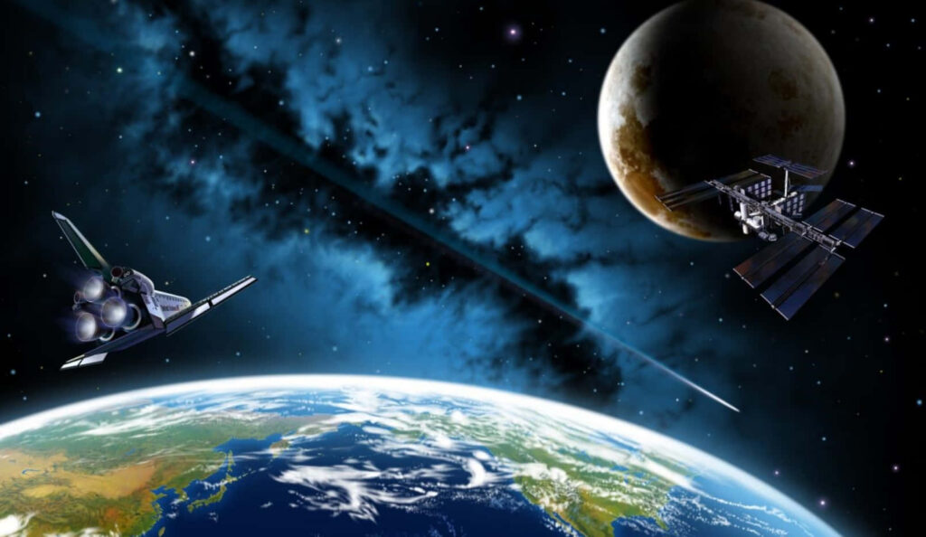 Stunning Space Wallpaper: ISS Above Earth with Moon & Spacecraft