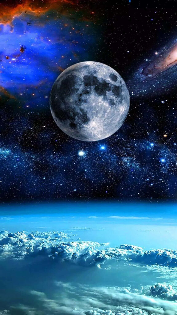 Stunning space-themed wallpaper of the moon, colorful nebula, and stars above Earth.