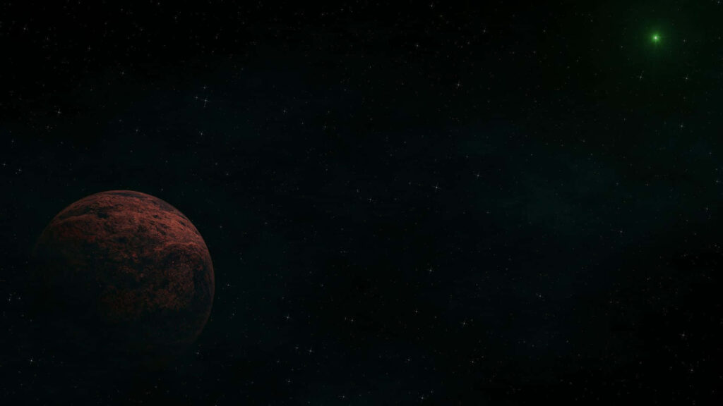 Vast space wallpaper featuring a detailed red planet and a starry cosmic background.