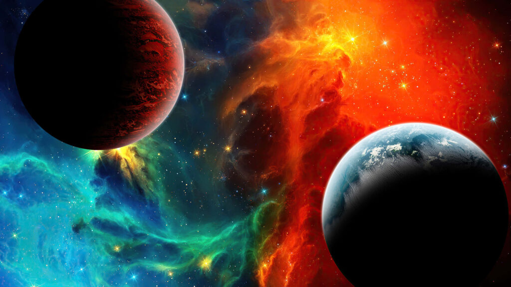 Stunning Cosmic Wallpaper: Two Planets & Colorful Nebula Background