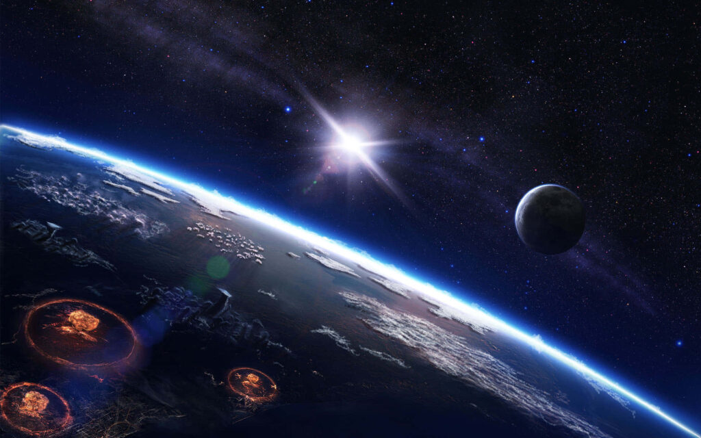 Vibrant space-themed wallpaper with a glowing planet, distant stars, and a moon, perfect for cosmic decor inspiration.