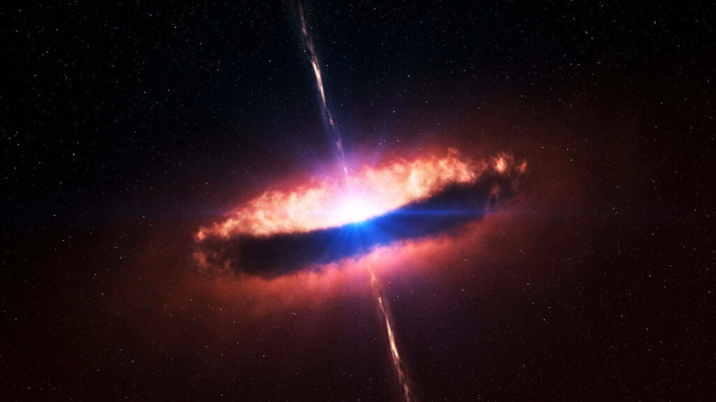 Vivid HD space wallpaper of star formation with glowing cosmic disk and radiant light beams.