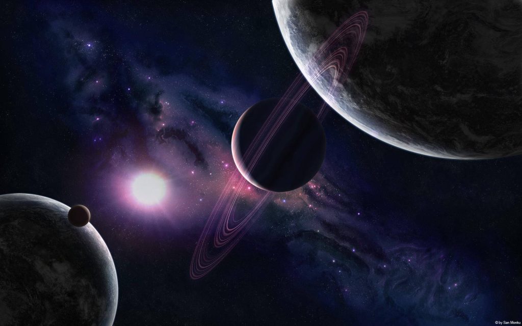 Digital art space wallpaper planet with ring purple nebula star cosmic galaxy desktop background