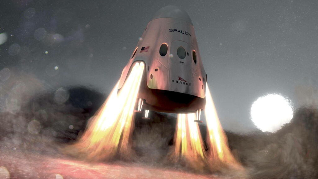 SpaceX Red Dragon Landing Wallpaper: Fiery Scene on a Dusty Planet