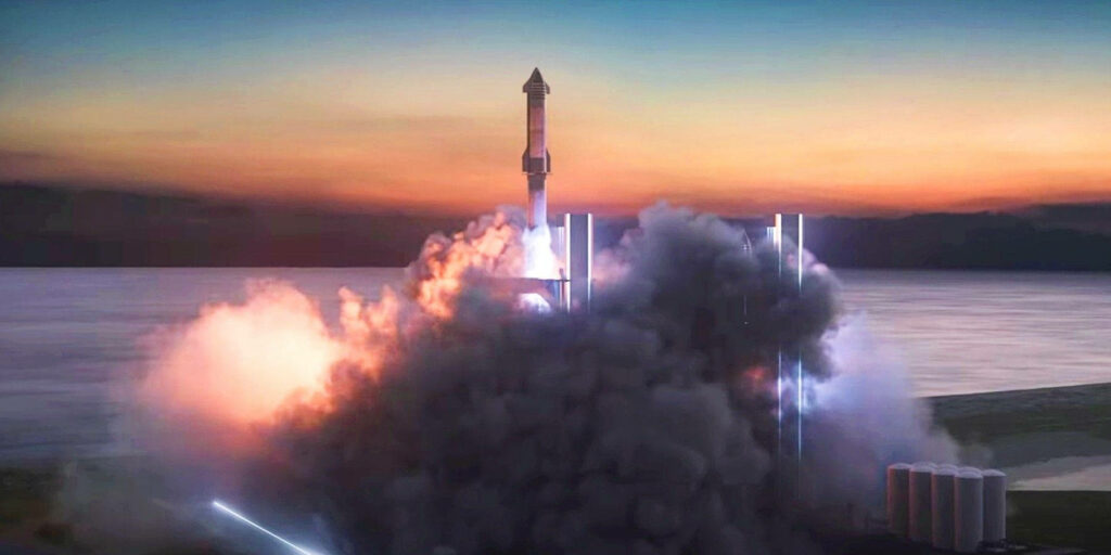 Stunning SpaceX Starship Launch Wallpaper: Vibrant Flames & Sunset
