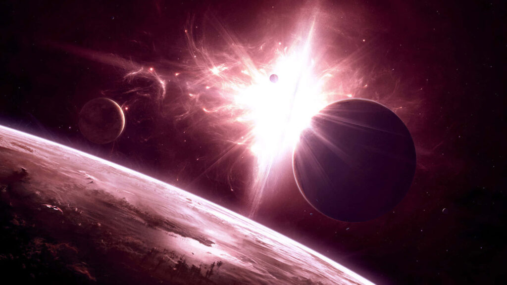Vibrant wallpaper of a spaceship soaring over a detailed planet, surrounded by celestial bodies and a cosmic explosion.