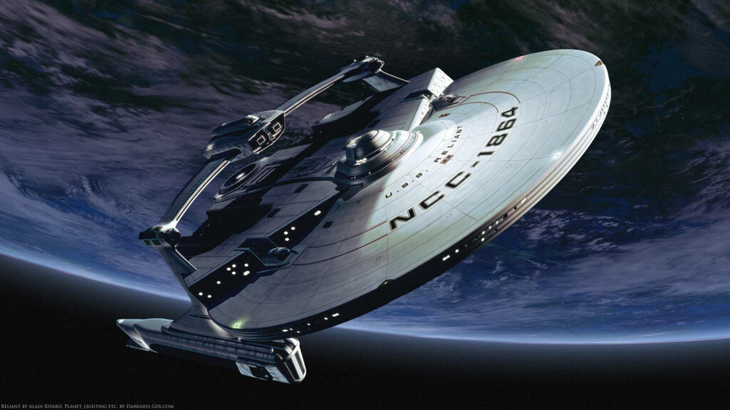Stunning Star Trek Spaceship Wallpaper: Iconic Design Above a Planet