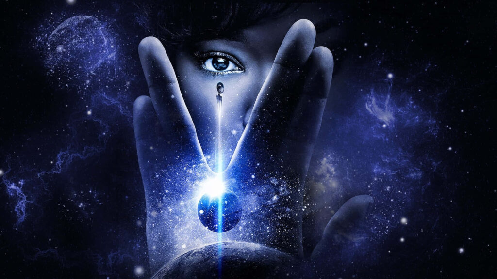 Stunning Star Trek Wallpaper: Cosmic Backdrop with Vulcan Salute