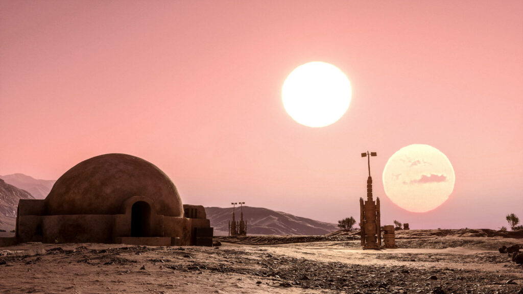 Iconic Star Wars Binary Sunset Wallpaper: Desert Scene with Dual Suns
