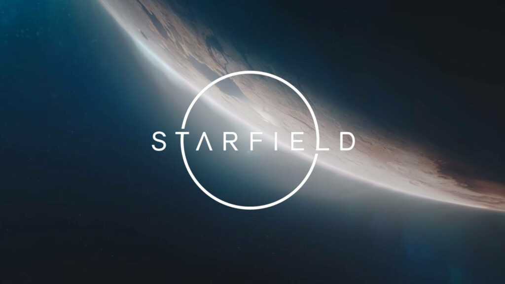 Starfield space wallpaper with distant planet illuminated by cosmic light and central logo