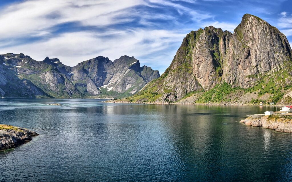Summer landscape wallpaper with clear lake reflecting towering mountains and blue sky clouds