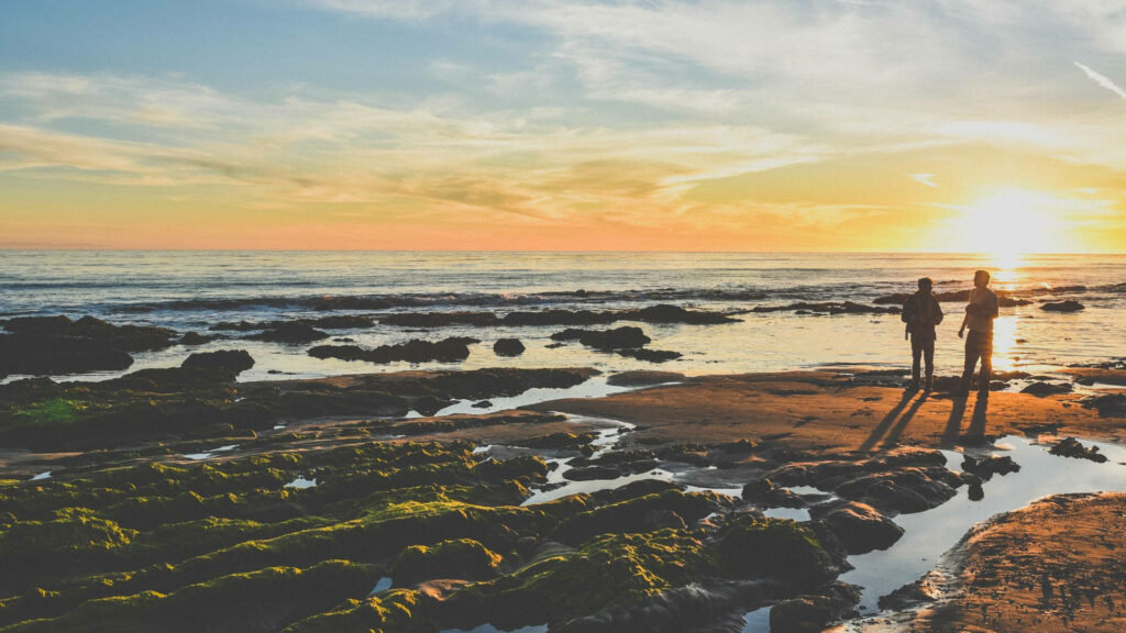 Tranquil Sunset Beach Scene: Warm Hues and Reflective Journey Wallpaper