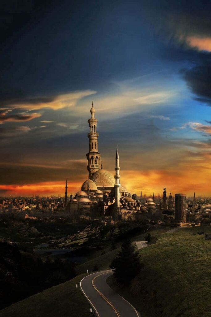 Serene Sunset Cityscape Wallpaper: Dramatic Sky & Architectural Beauty