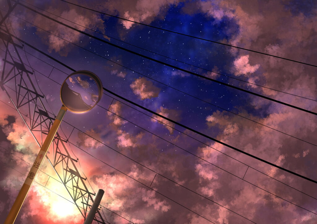 Stunning HD Anime Sunset Landscape with Reflective Convex Mirror Wallpaper