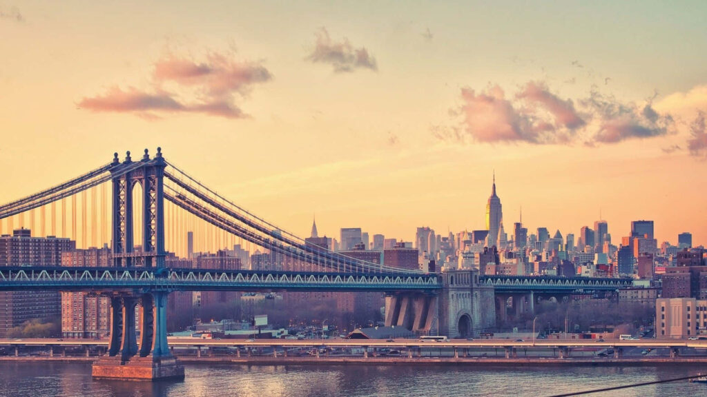 Stunning Sunset Manhattan Bridge Wallpaper Background NYC Skyline