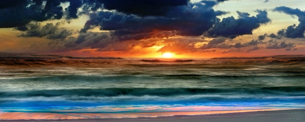 Vibrant Sunset Ocean Dual Monitor Wallpaper - Dramatic Beach Background