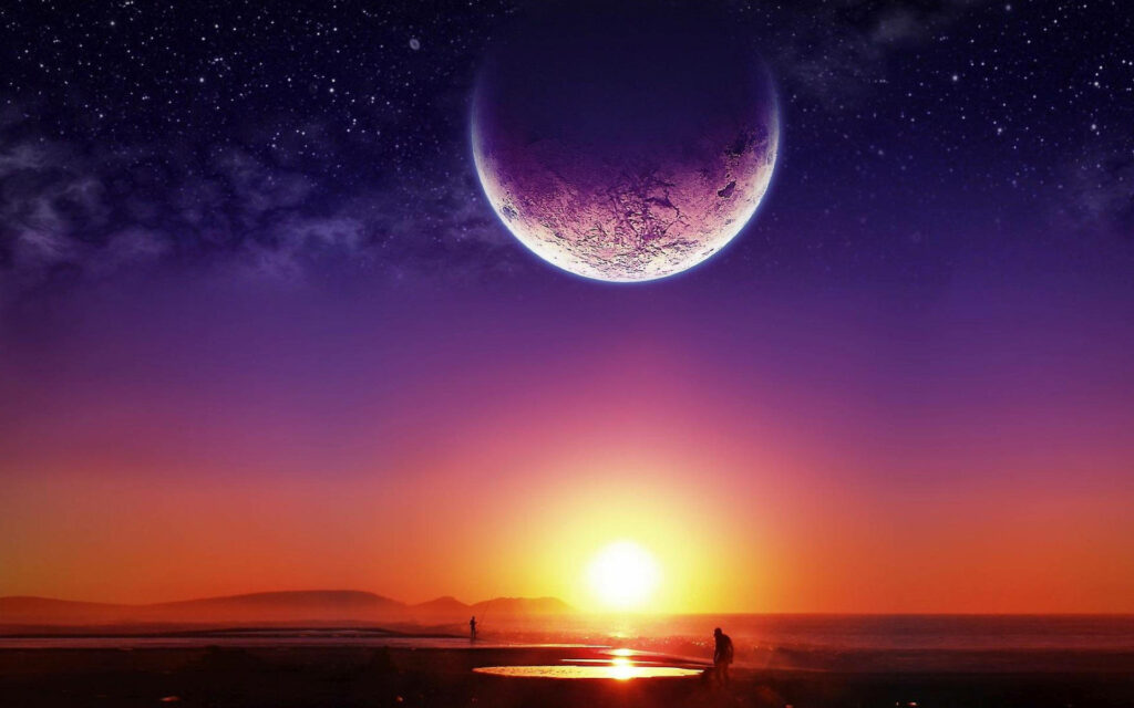 Stunning Sunset Ocean Wallpaper with Moon & Galaxy Background