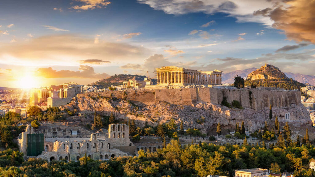 Stunning Acropolis Sunset Wallpaper: Parthenon & Lush Greenery