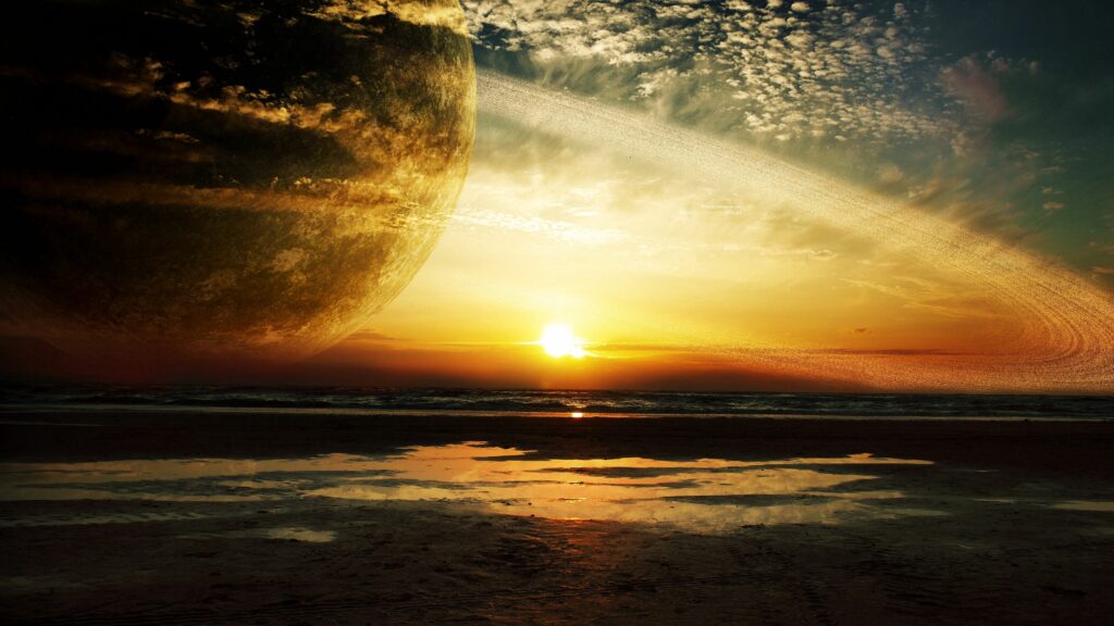 Serene Sunset Wallpaper: Ringed Planet Over Vibrant Sea Reflection